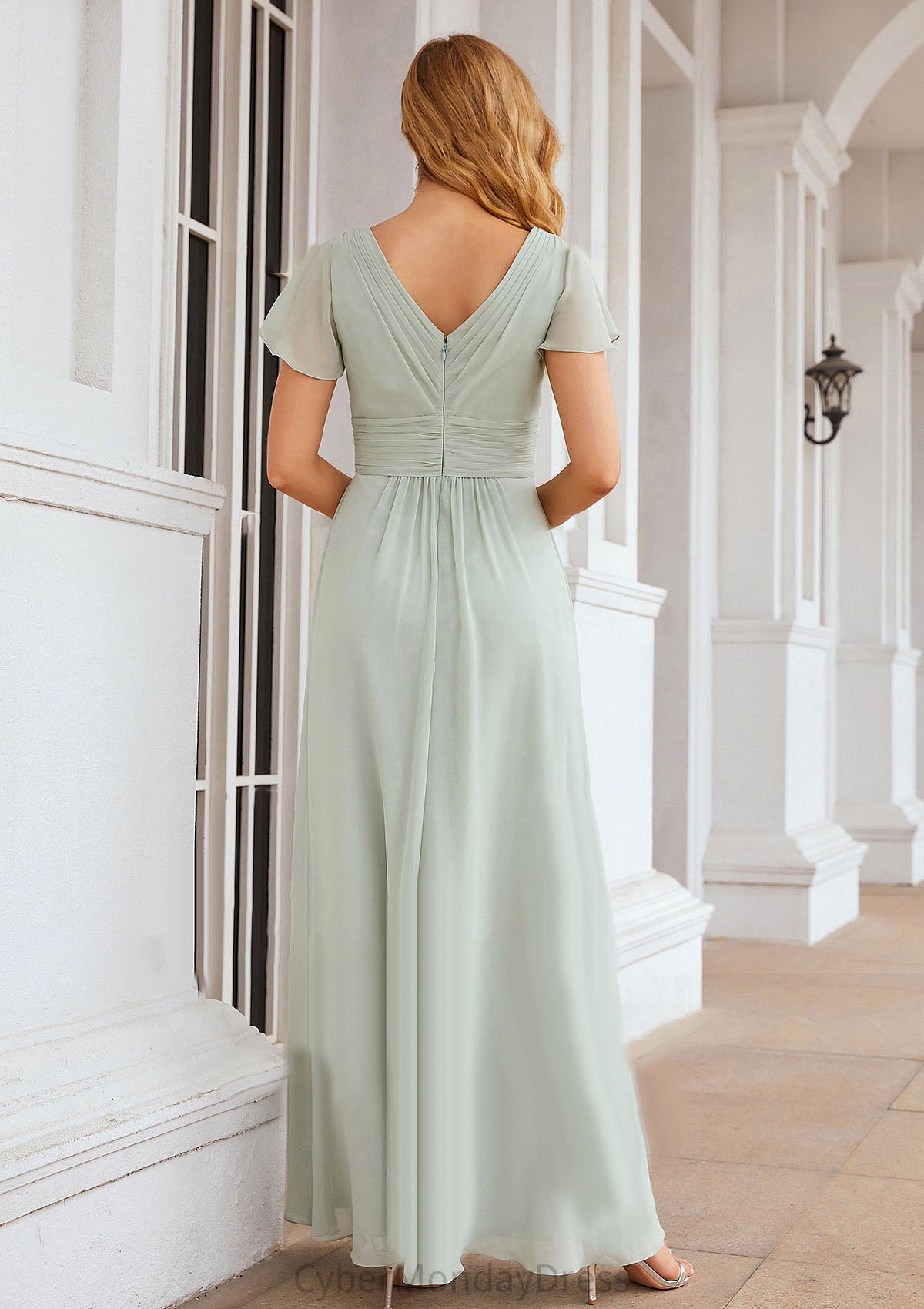 A-line V Neck Short Sleeve Long/Floor-Length Chiffon Bridesmaid Dresses With Pleated Mireya DTP0025309