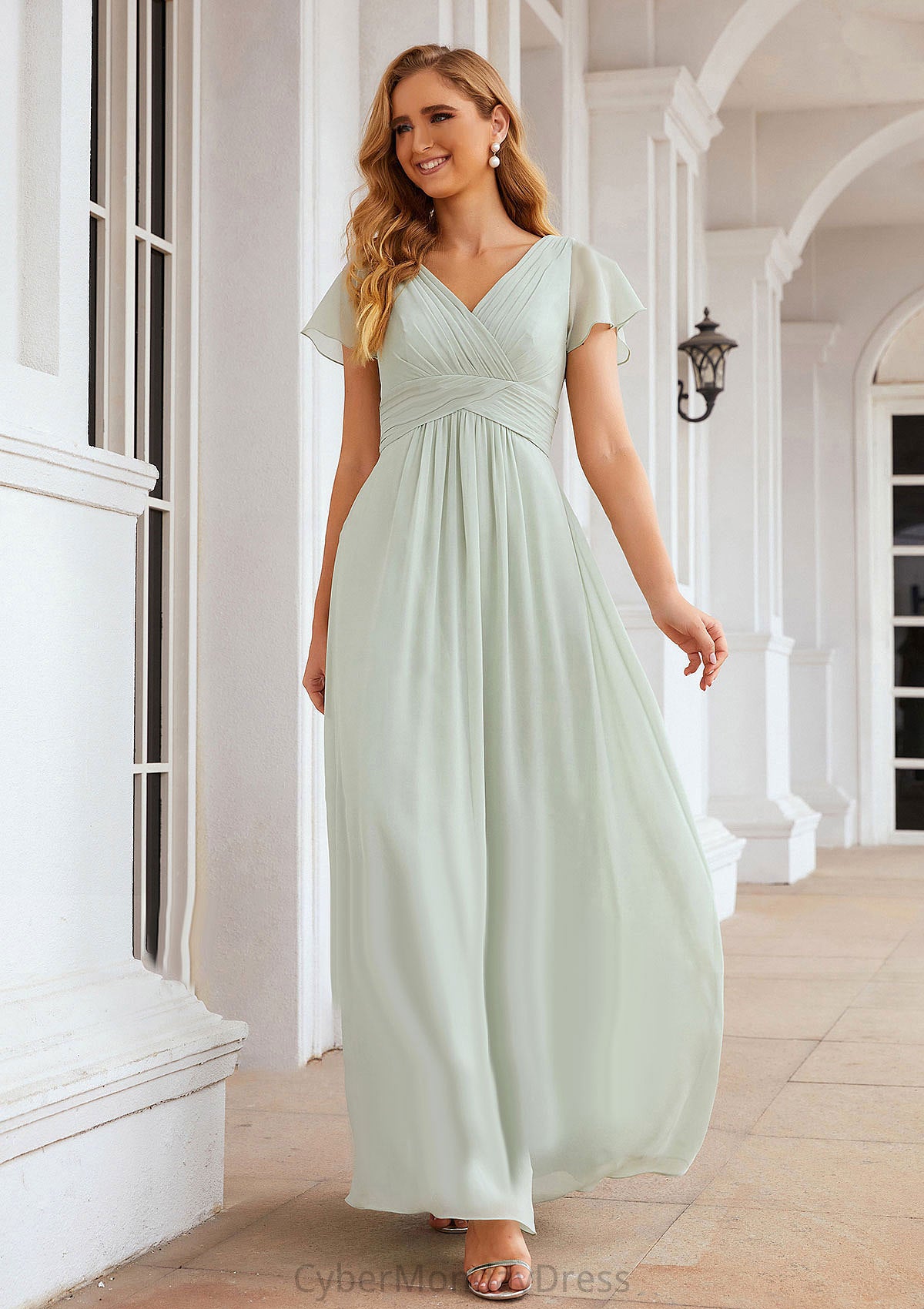 A-line V Neck Short Sleeve Long/Floor-Length Chiffon Bridesmaid Dresses With Pleated Mireya DTP0025309