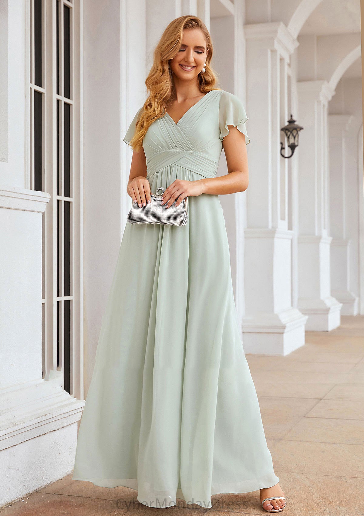 A-line V Neck Short Sleeve Long/Floor-Length Chiffon Bridesmaid Dresses With Pleated Mireya DTP0025309