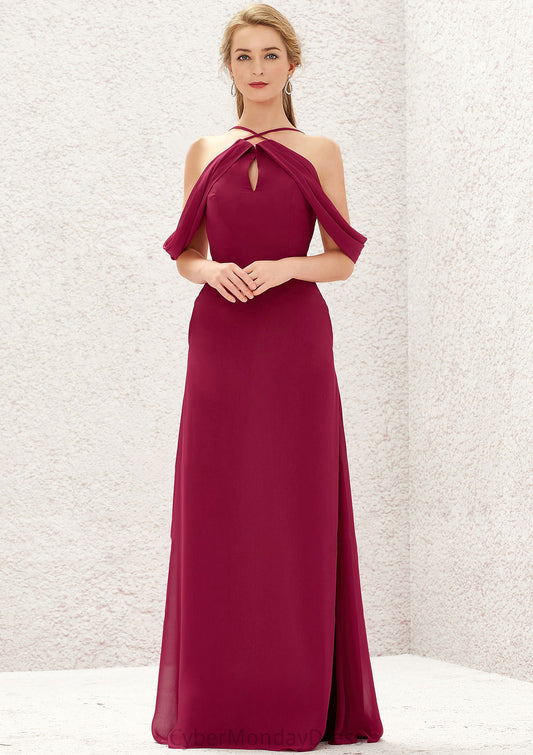 A-line Scalloped Neck Sleeveless Chiffon Long/Floor-Length Bridesmaid Dresses With Pockets Catalina DTP0025310