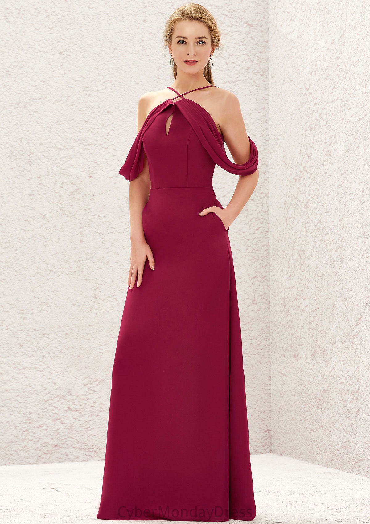 A-line Scalloped Neck Sleeveless Chiffon Long/Floor-Length Bridesmaid Dresses With Pockets Catalina DTP0025310