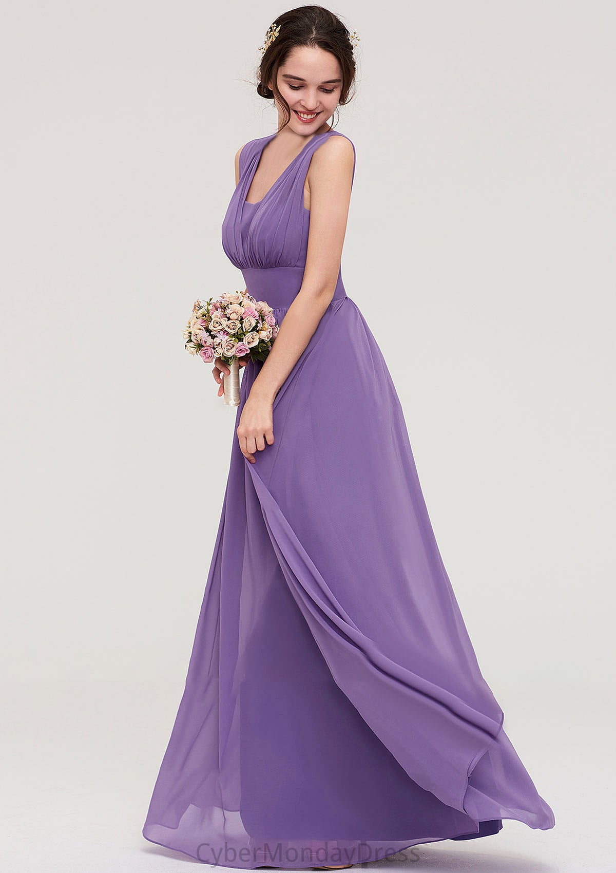 Sleeveless Scalloped Neck Chiffon Long/Floor-Length Bridesmaid Dresseses With Pleated Milagros DTP0025314