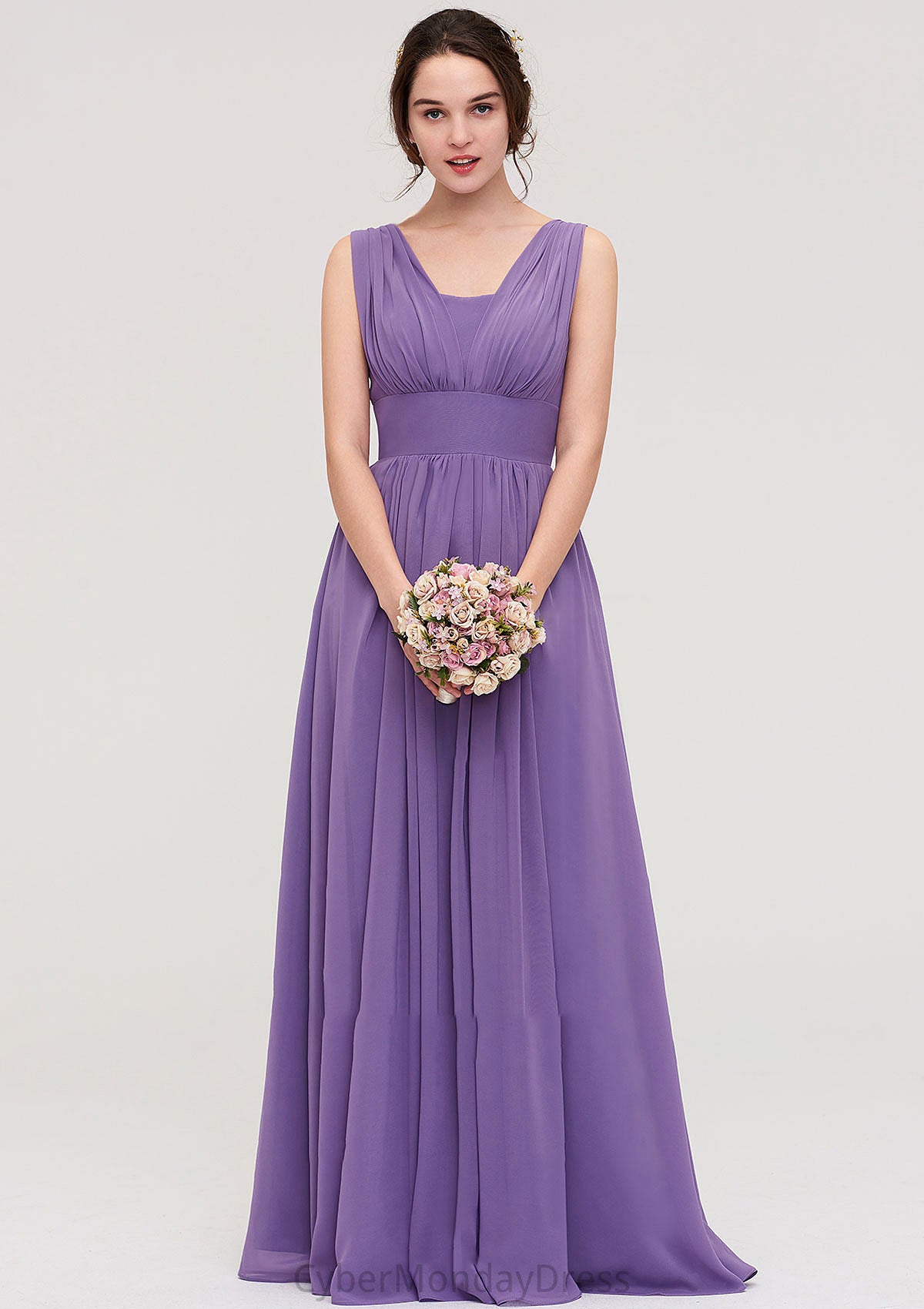 Sleeveless Scalloped Neck Chiffon Long/Floor-Length Bridesmaid Dresseses With Pleated Milagros DTP0025314