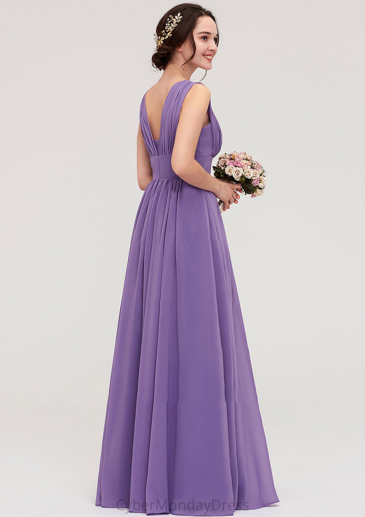 Sleeveless Scalloped Neck Chiffon Long/Floor-Length Bridesmaid Dresseses With Pleated Milagros DTP0025314