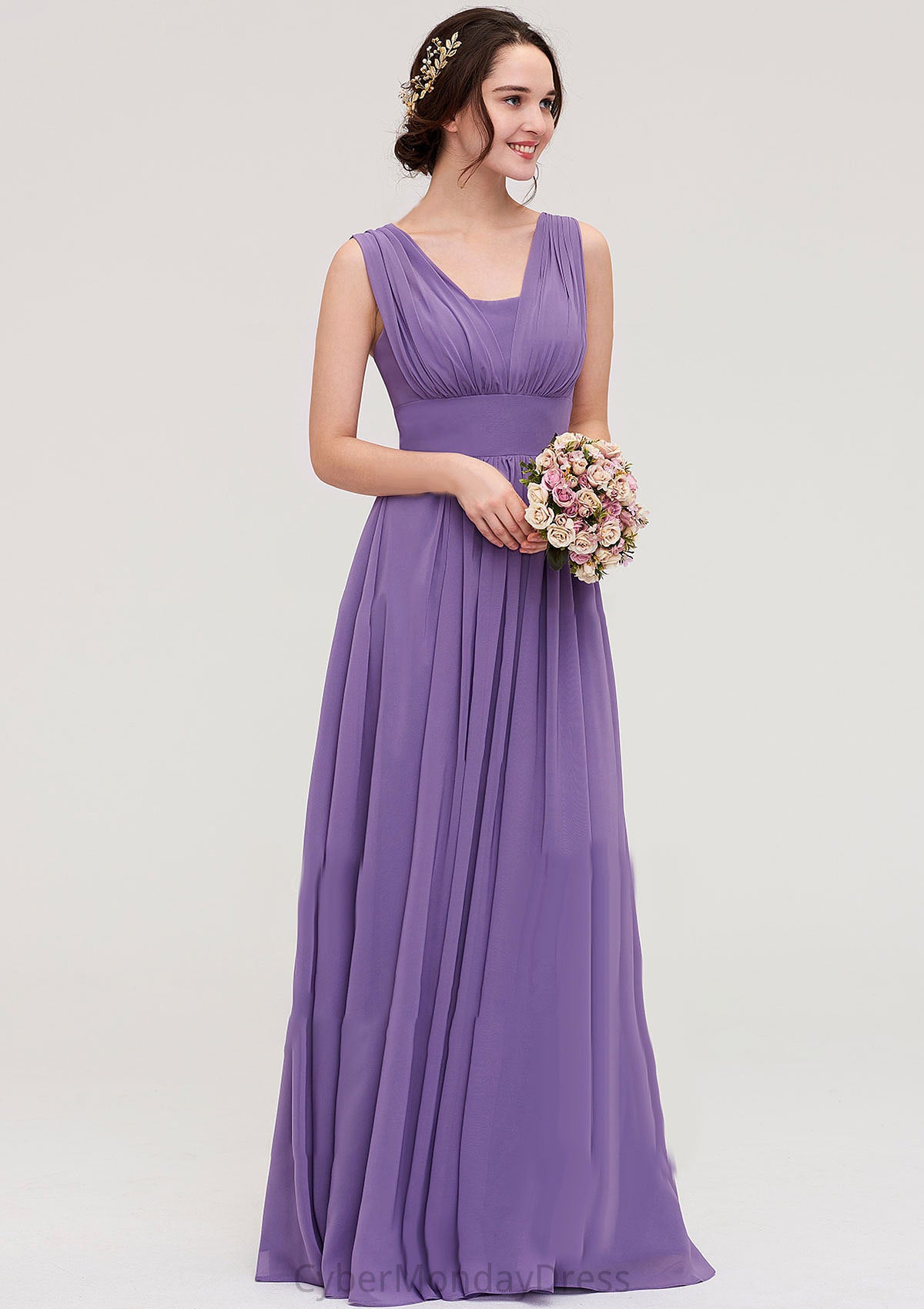 Sleeveless Scalloped Neck Chiffon Long/Floor-Length Bridesmaid Dresseses With Pleated Milagros DTP0025314