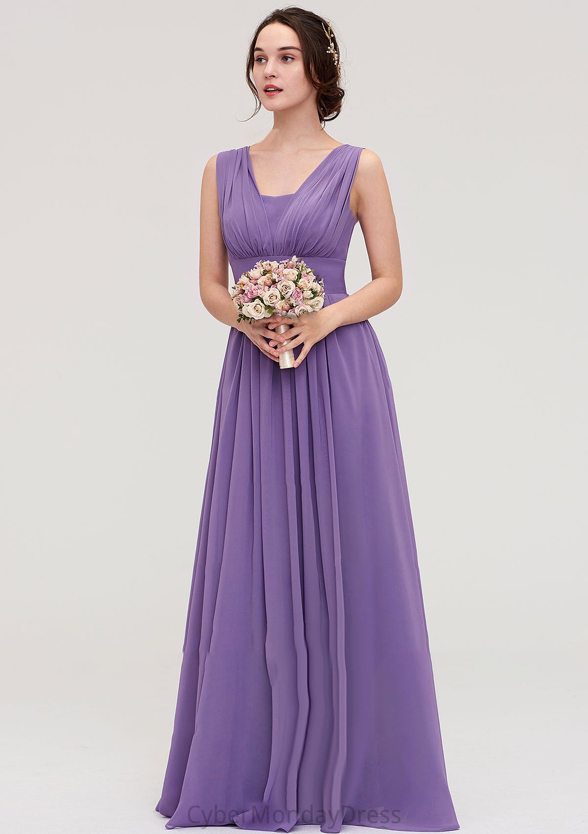 Sleeveless Scalloped Neck Chiffon Long/Floor-Length Bridesmaid Dresseses With Pleated Milagros DTP0025314