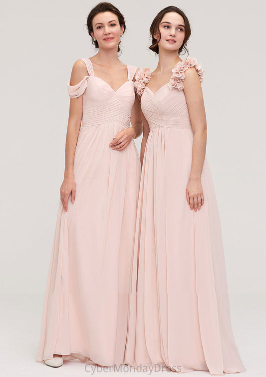 Sweetheart Sleeveless A-line/Princess Chiffon Long/Floor-Length Bridesmaid Dresses With Pleated Shoulder Flower Chaya DTP0025315