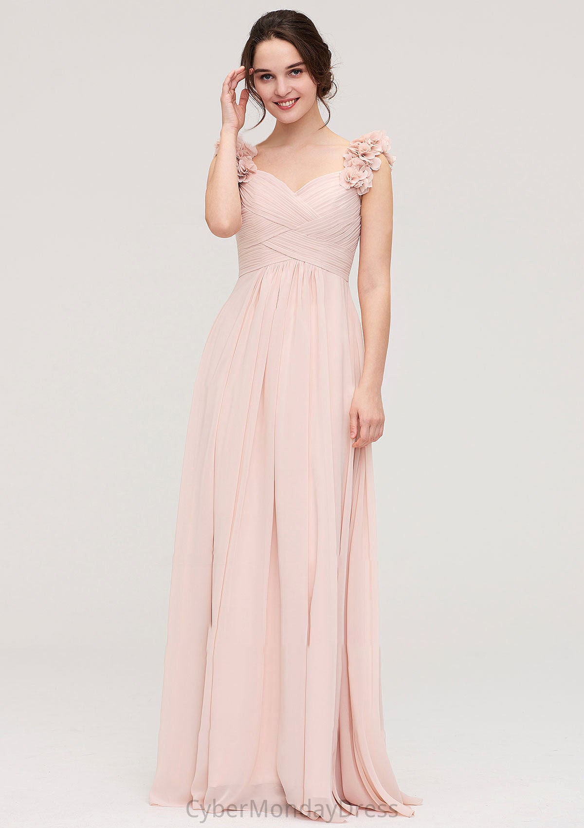 Sweetheart Sleeveless A-line/Princess Chiffon Long/Floor-Length Bridesmaid Dresses With Pleated Shoulder Flower Chaya DTP0025315