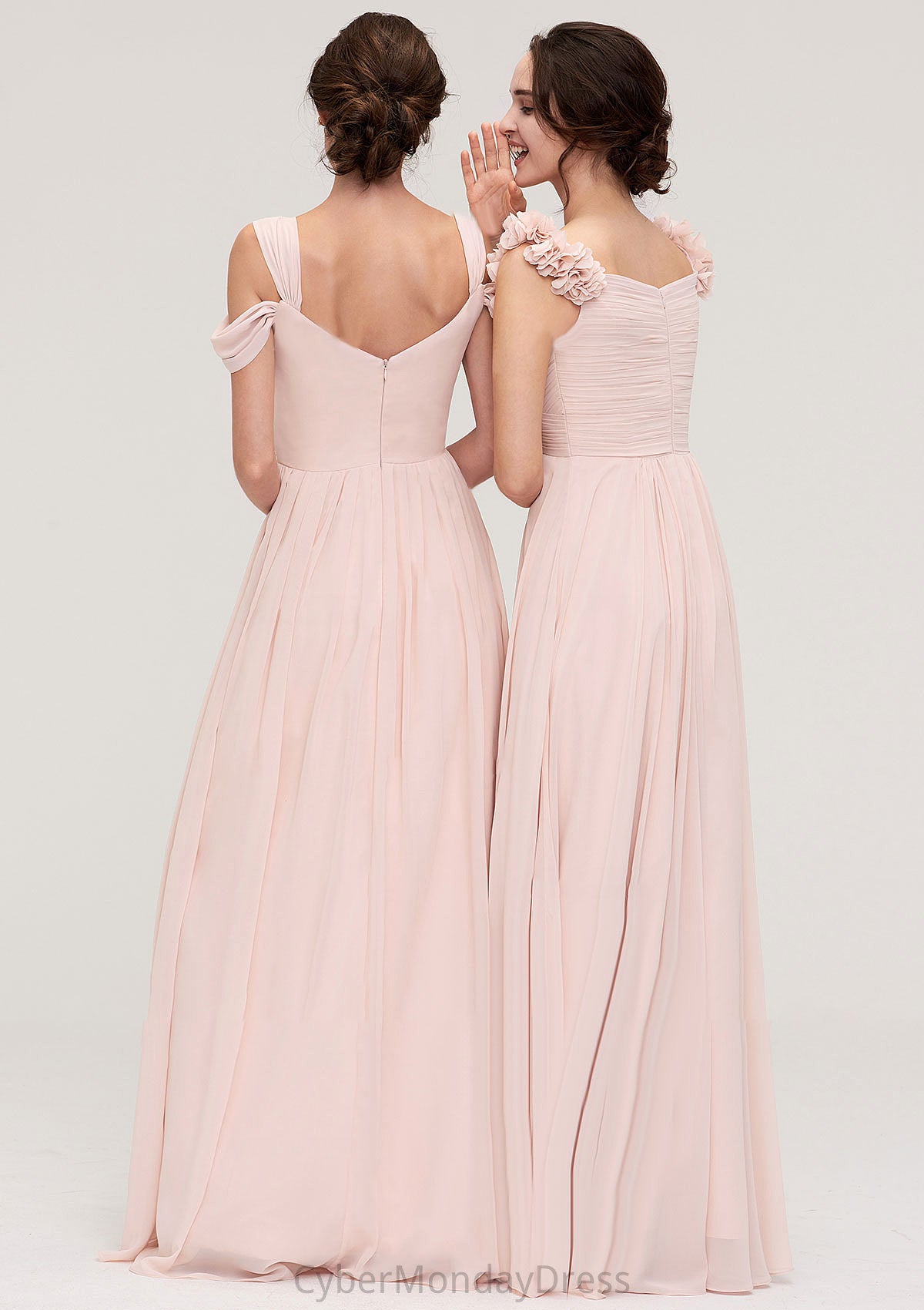 Sweetheart Sleeveless A-line/Princess Chiffon Long/Floor-Length Bridesmaid Dresses With Pleated Shoulder Flower Chaya DTP0025315