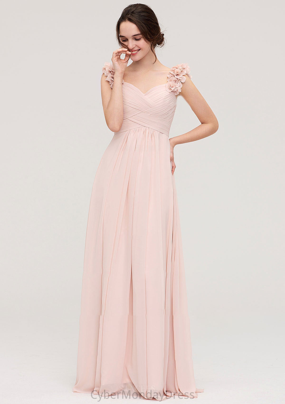 Sweetheart Sleeveless A-line/Princess Chiffon Long/Floor-Length Bridesmaid Dresses With Pleated Shoulder Flower Chaya DTP0025315