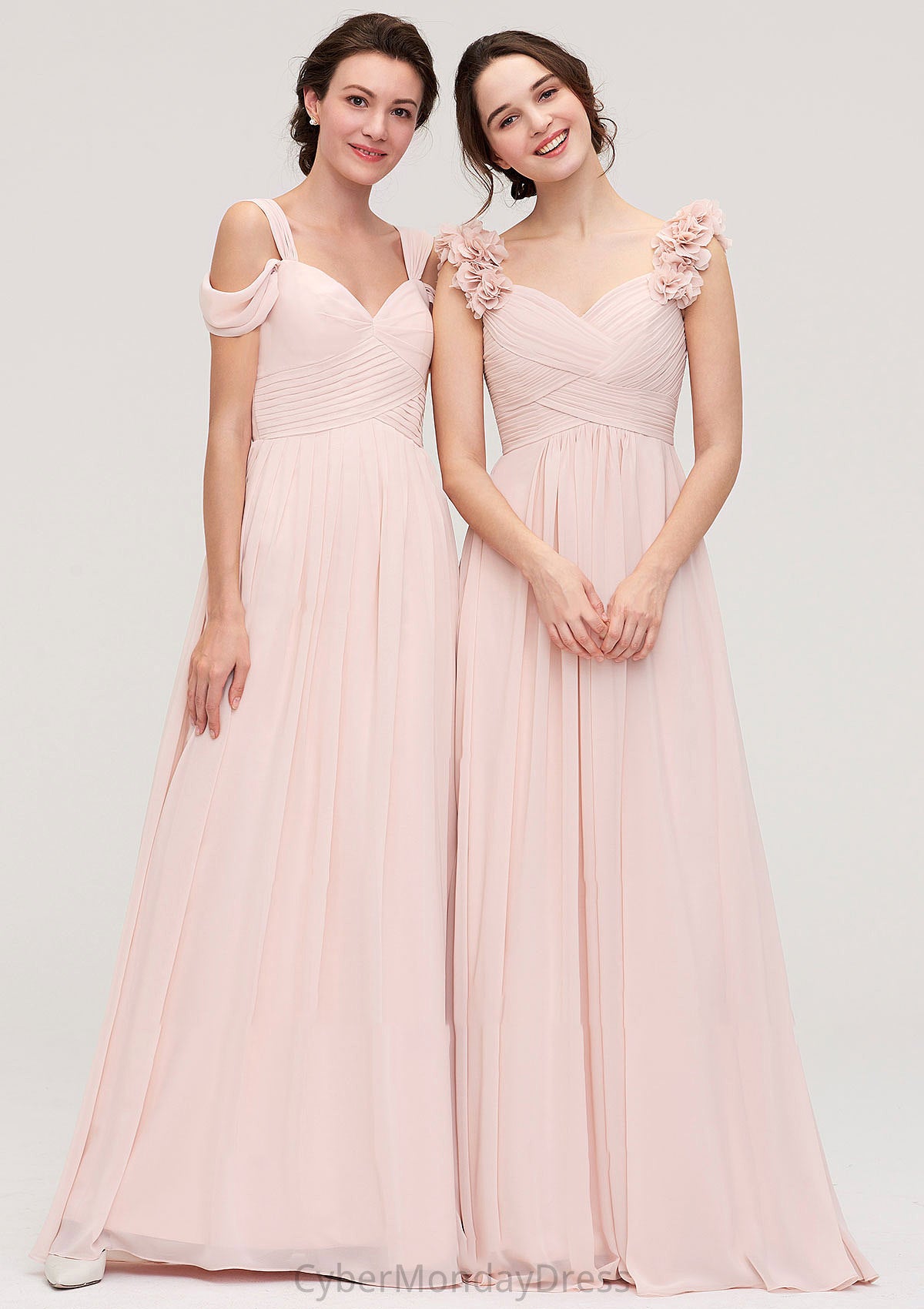 Sweetheart Sleeveless A-line/Princess Chiffon Long/Floor-Length Bridesmaid Dresses With Pleated Shoulder Flower Chaya DTP0025315