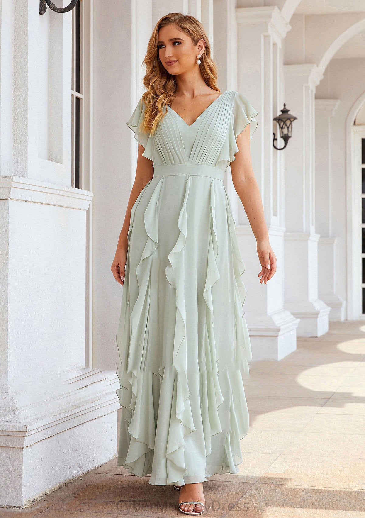 A-line V Neck Short Sleeve Long/Floor-Length Chiffon Bridesmaid Dresses With Pleated Ruffles Alia DTP0025316