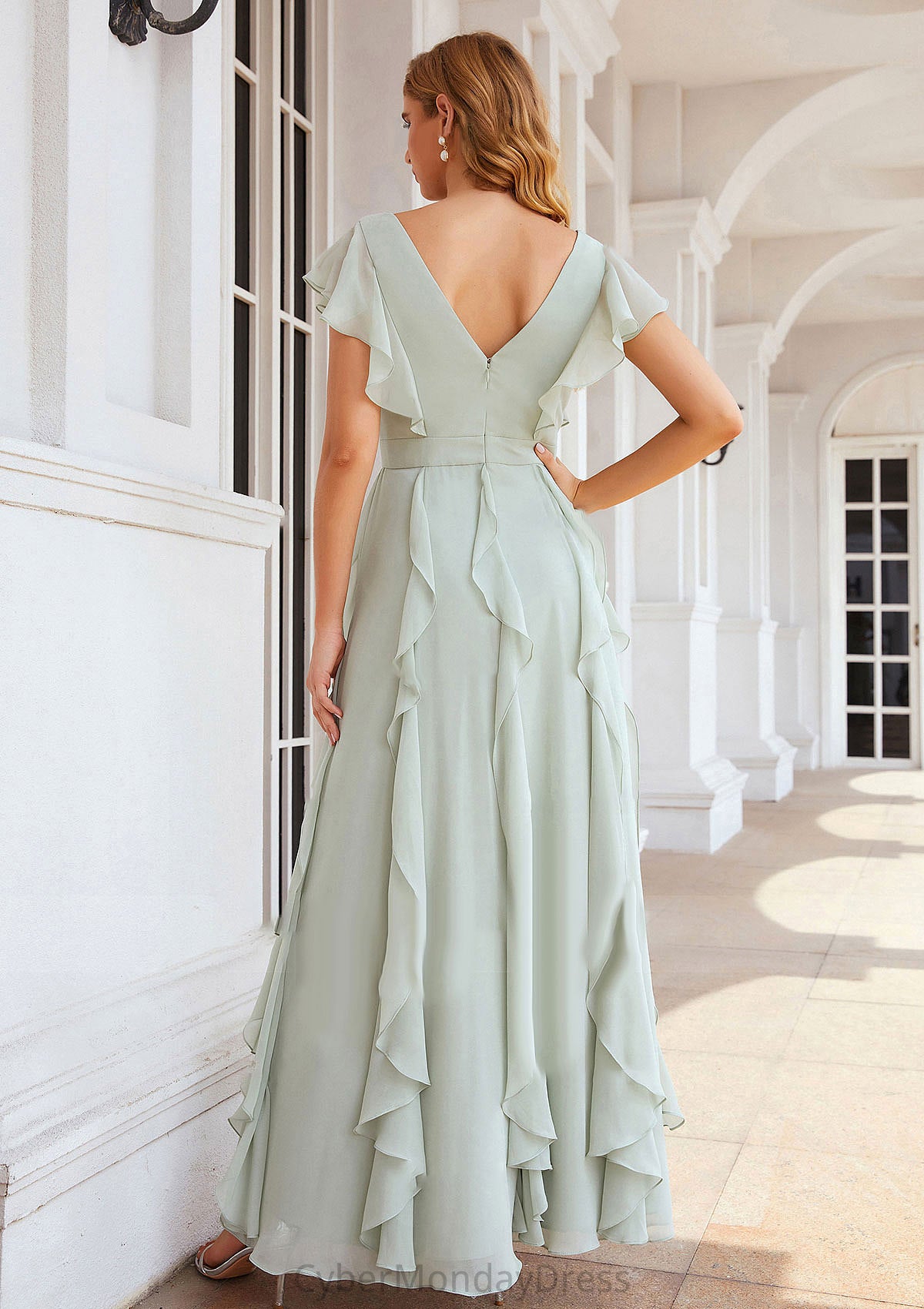 A-line V Neck Short Sleeve Long/Floor-Length Chiffon Bridesmaid Dresses With Pleated Ruffles Alia DTP0025316