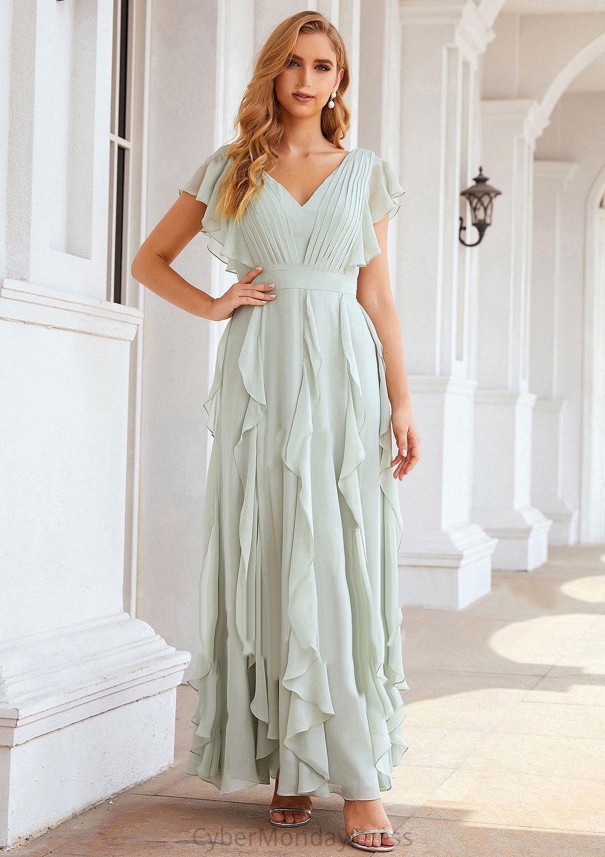 A-line V Neck Short Sleeve Long/Floor-Length Chiffon Bridesmaid Dresses With Pleated Ruffles Alia DTP0025316