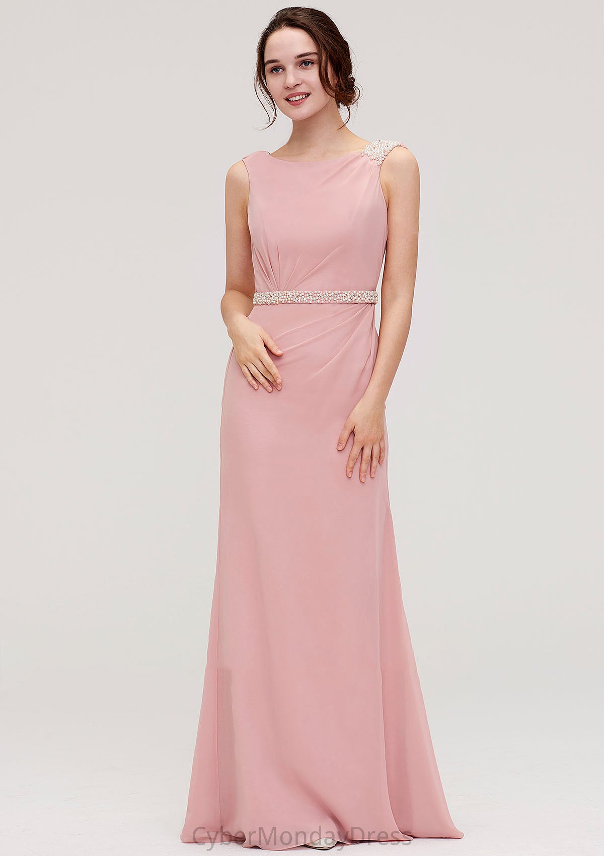 Sleeveless Sheath/Column Long/Floor-Length Chiffon Bridesmaid Dresses With Waistband Beading Sadie DTP0025317