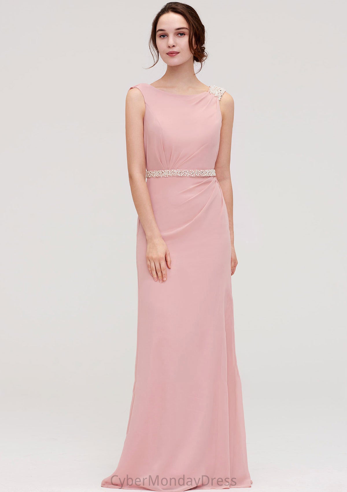 Sleeveless Sheath/Column Long/Floor-Length Chiffon Bridesmaid Dresses With Waistband Beading Sadie DTP0025317