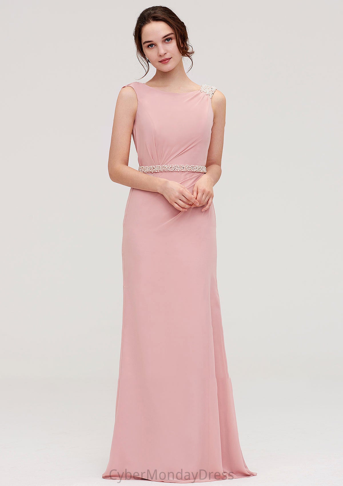 Sleeveless Sheath/Column Long/Floor-Length Chiffon Bridesmaid Dresses With Waistband Beading Sadie DTP0025317