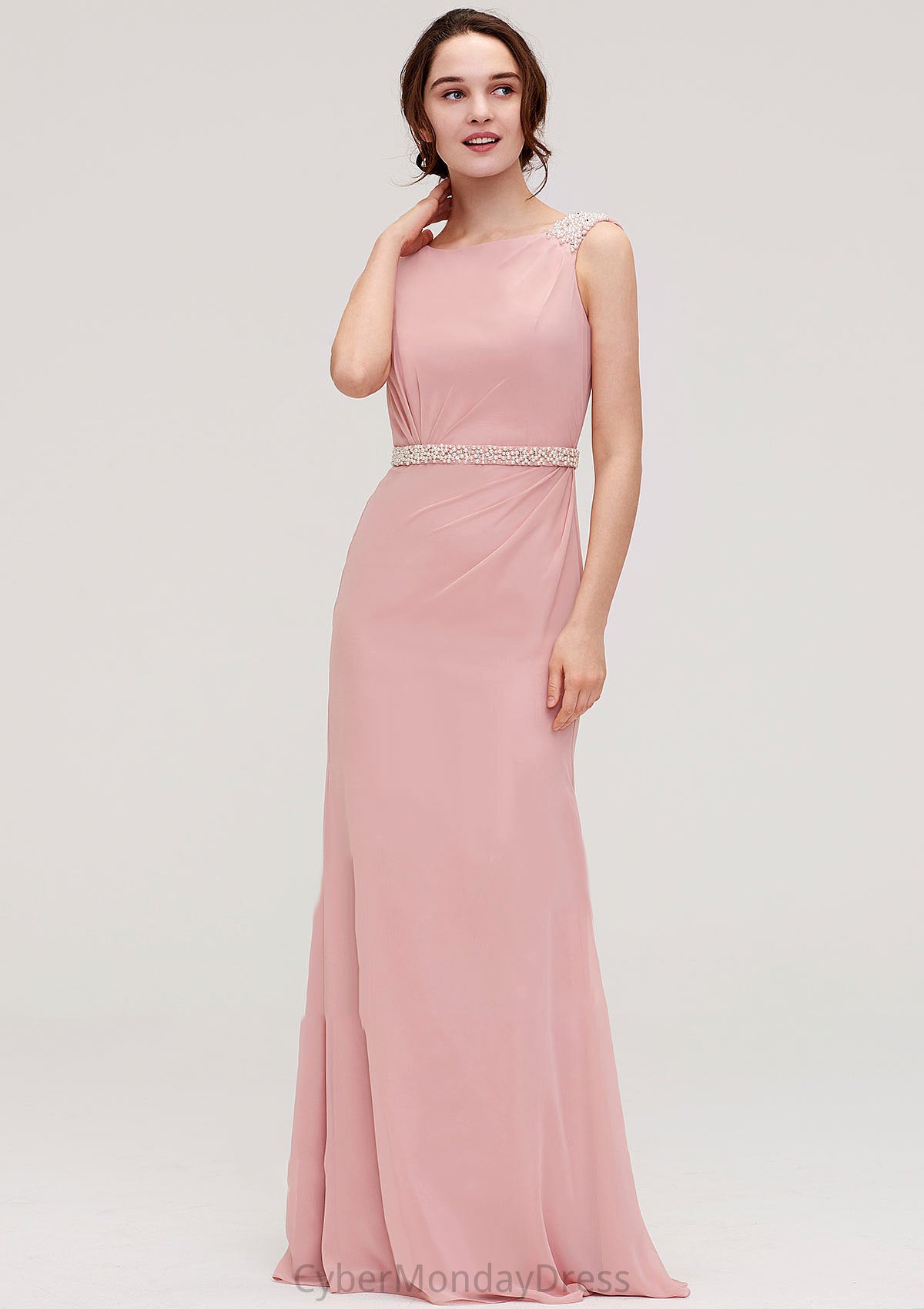 Sleeveless Sheath/Column Long/Floor-Length Chiffon Bridesmaid Dresses With Waistband Beading Sadie DTP0025317