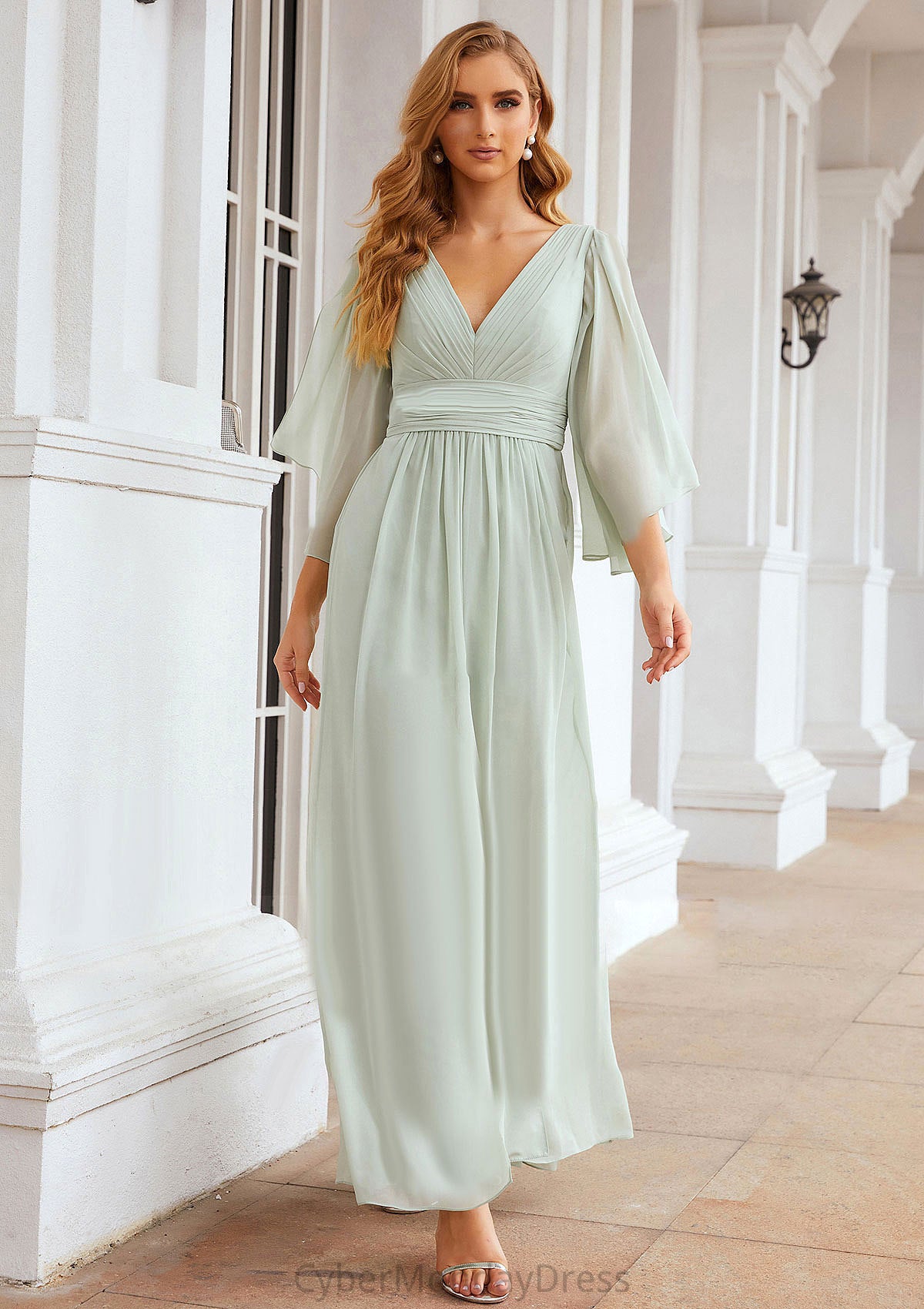 Sheath/Column V Neck 3/4 Sleeve Long/Floor-Length Chiffon Bridesmaid Dresses With Pleated Lillian DTP0025318