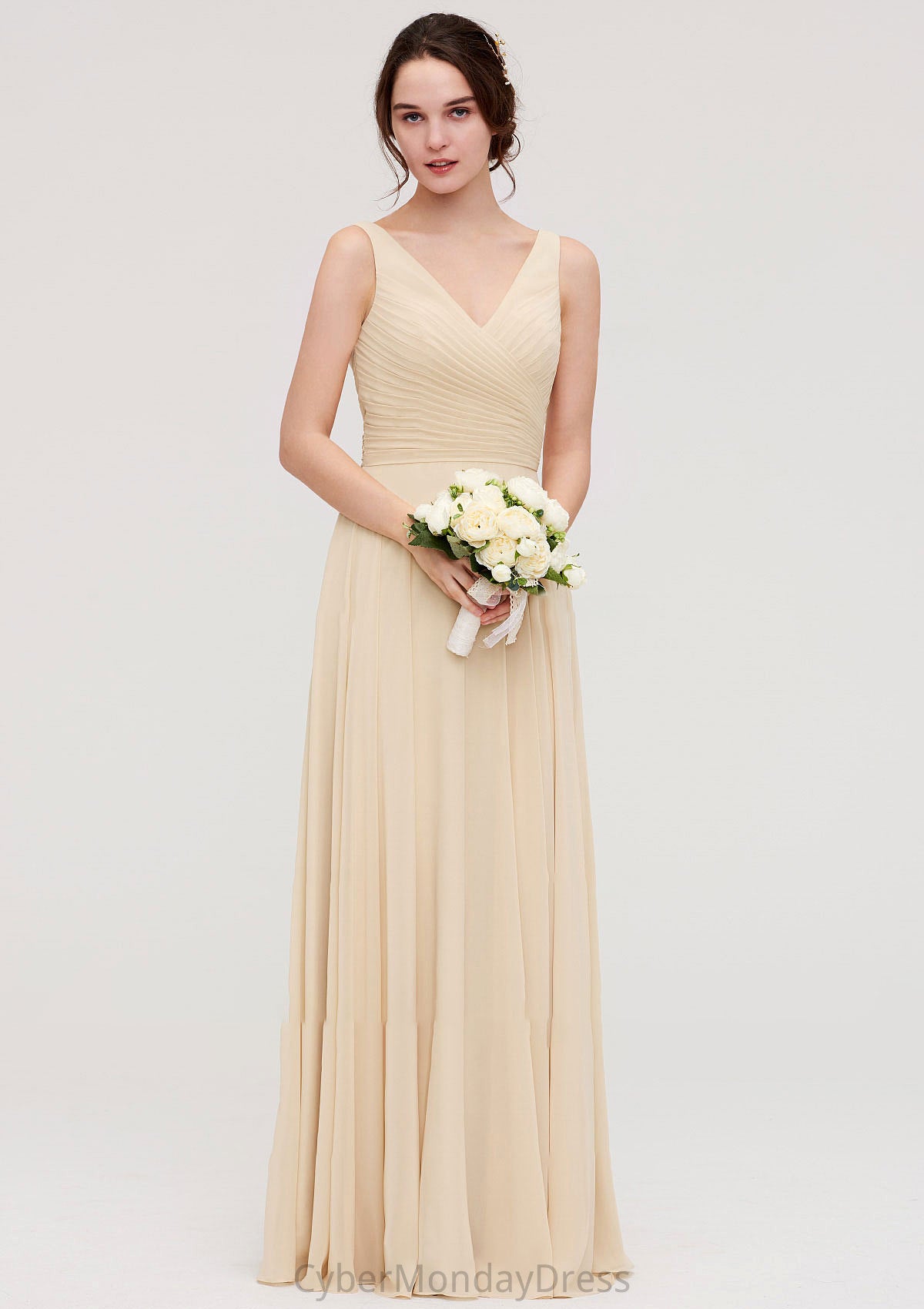 A-line/Princess V Neck Long/Floor-Length A-line/Princess Chiffon Bridesmaid Dresses With Sashes Pleated Brynn DTP0025322