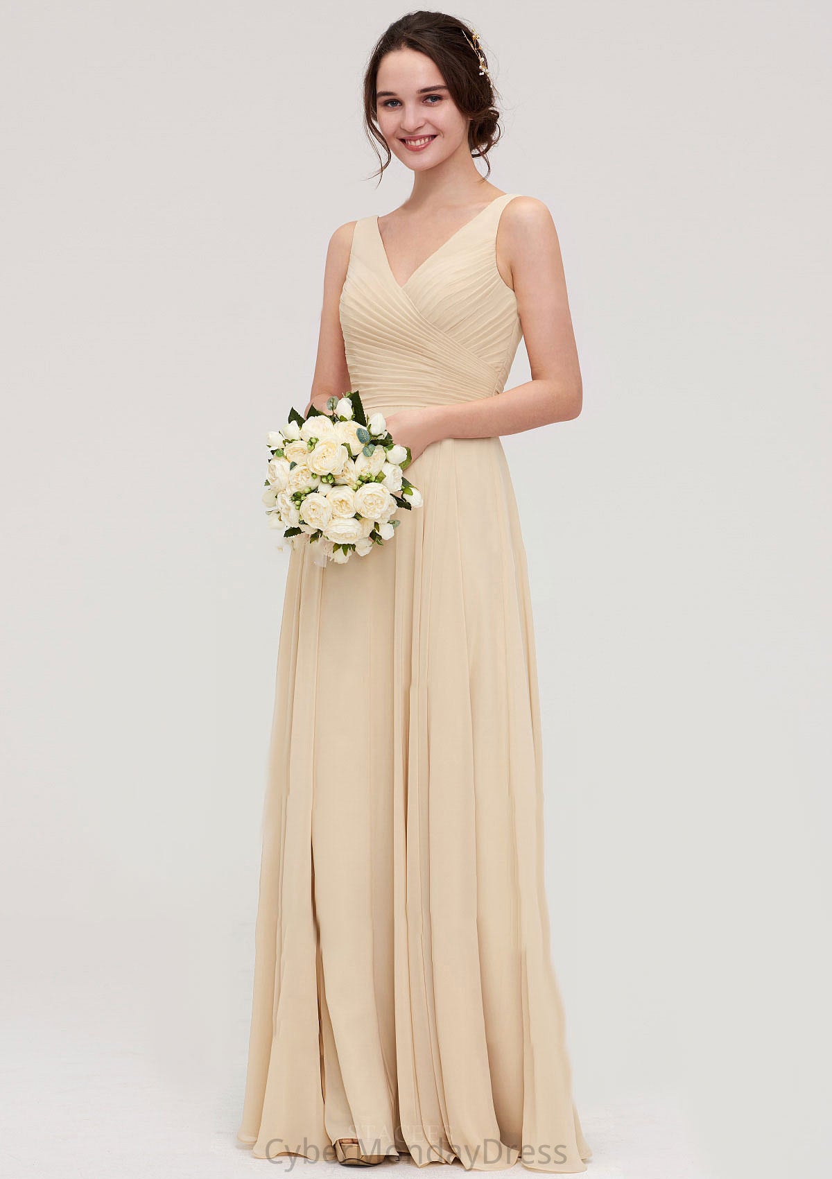 A-line/Princess V Neck Long/Floor-Length A-line/Princess Chiffon Bridesmaid Dresses With Sashes Pleated Brynn DTP0025322