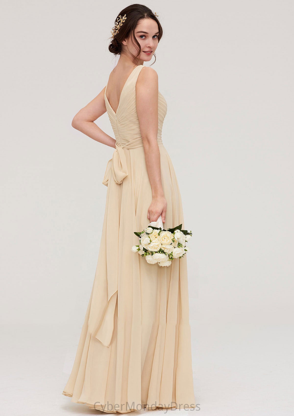 A-line/Princess V Neck Long/Floor-Length A-line/Princess Chiffon Bridesmaid Dresses With Sashes Pleated Brynn DTP0025322