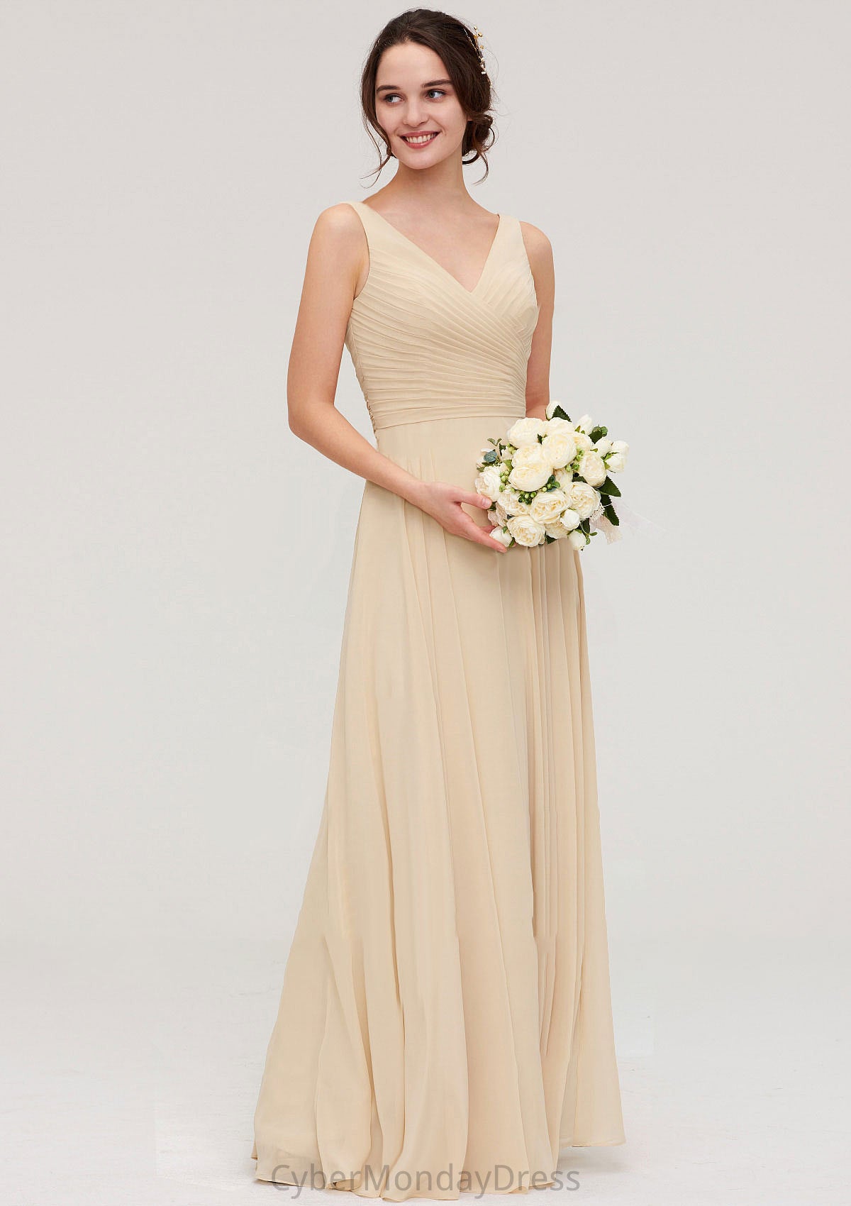 A-line/Princess V Neck Long/Floor-Length A-line/Princess Chiffon Bridesmaid Dresses With Sashes Pleated Brynn DTP0025322