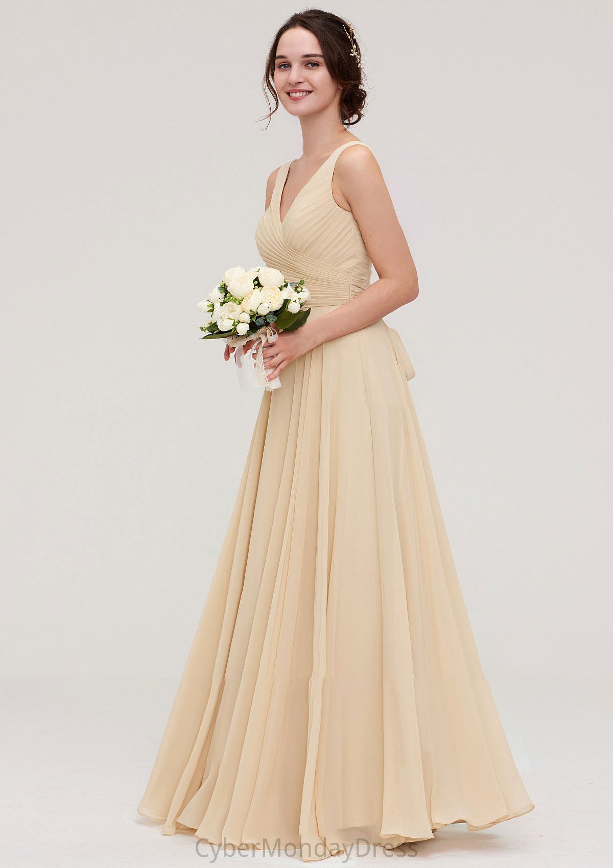 A-line/Princess V Neck Long/Floor-Length A-line/Princess Chiffon Bridesmaid Dresses With Sashes Pleated Brynn DTP0025322