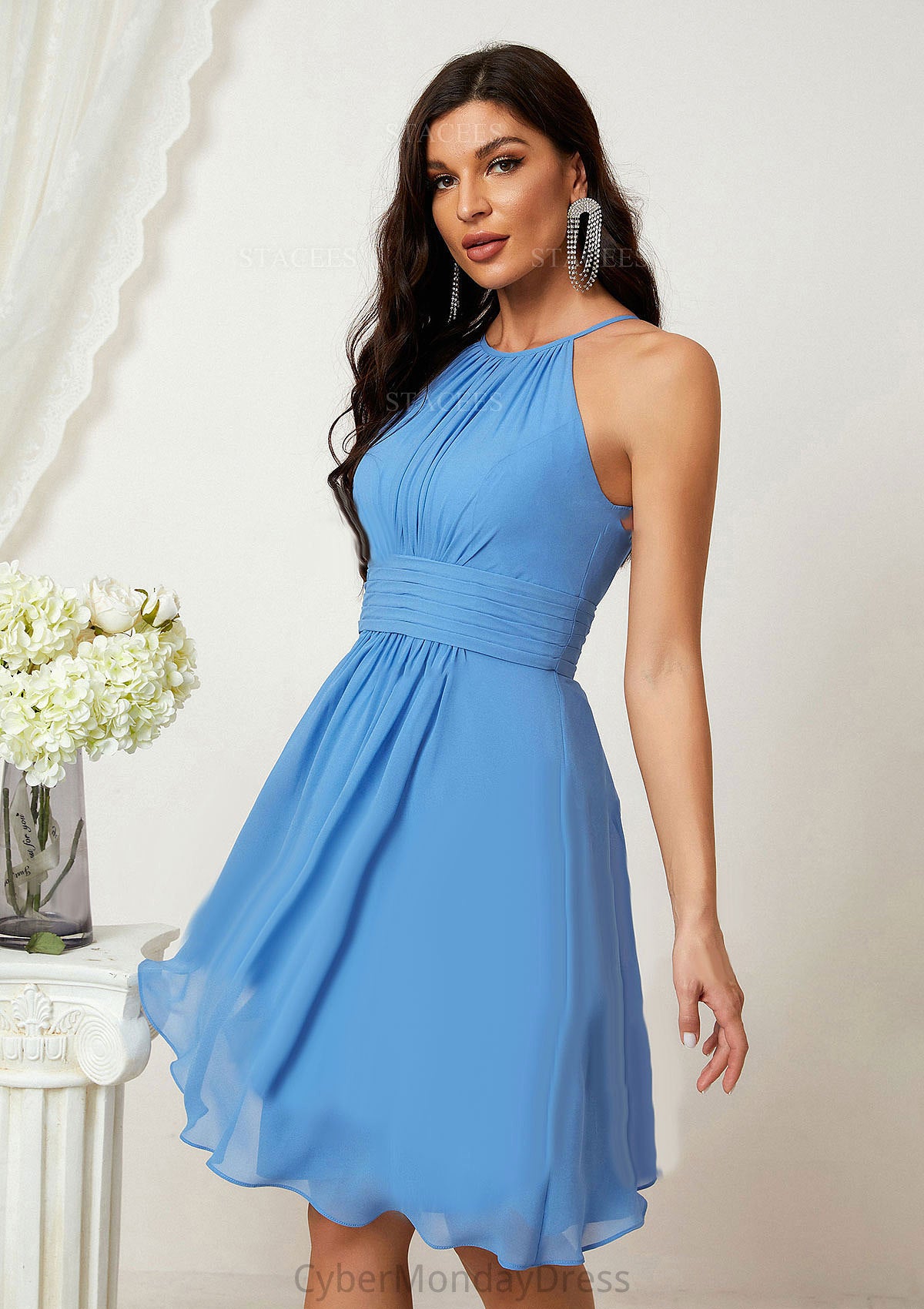 A-line Halter Sleeveless Knee-Length Chiffon Bridesmaid Dresses With Pleated    Joanna DTP0025324