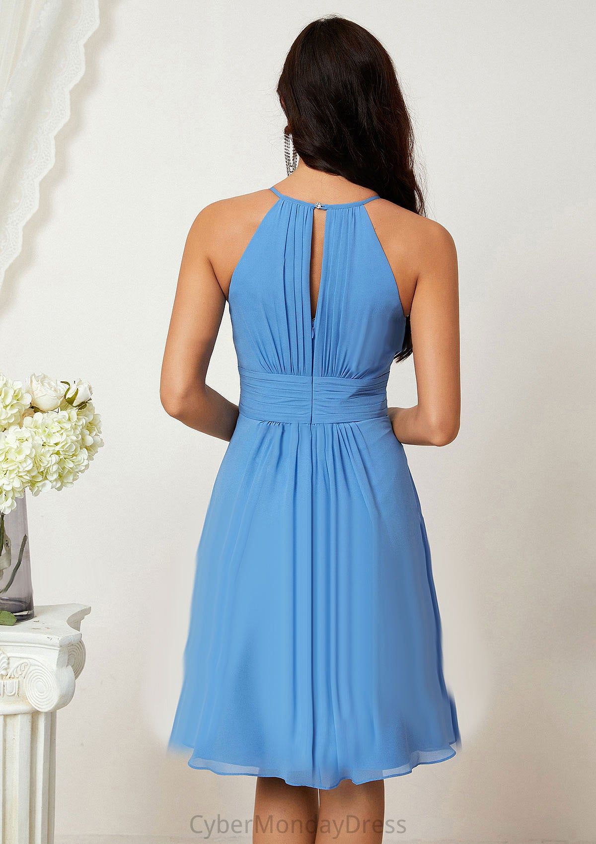 A-line Halter Sleeveless Knee-Length Chiffon Bridesmaid Dresses With Pleated    Joanna DTP0025324