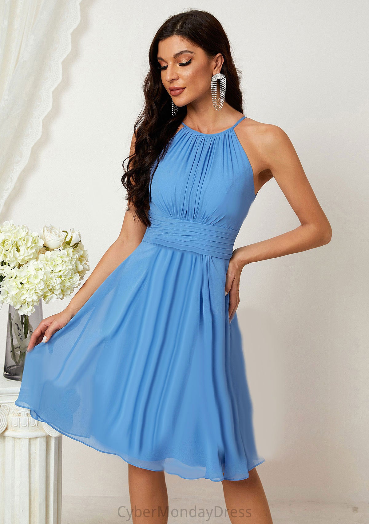 A-line Halter Sleeveless Knee-Length Chiffon Bridesmaid Dresses With Pleated    Joanna DTP0025324