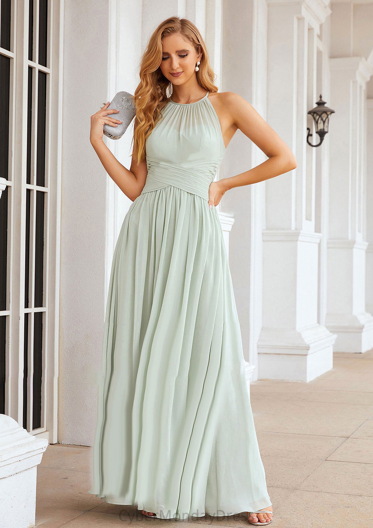 A-line Halter Sleeveless Long/Floor-Length Chiffon Bridesmaid Dresses With Pleated Eva DTP0025325