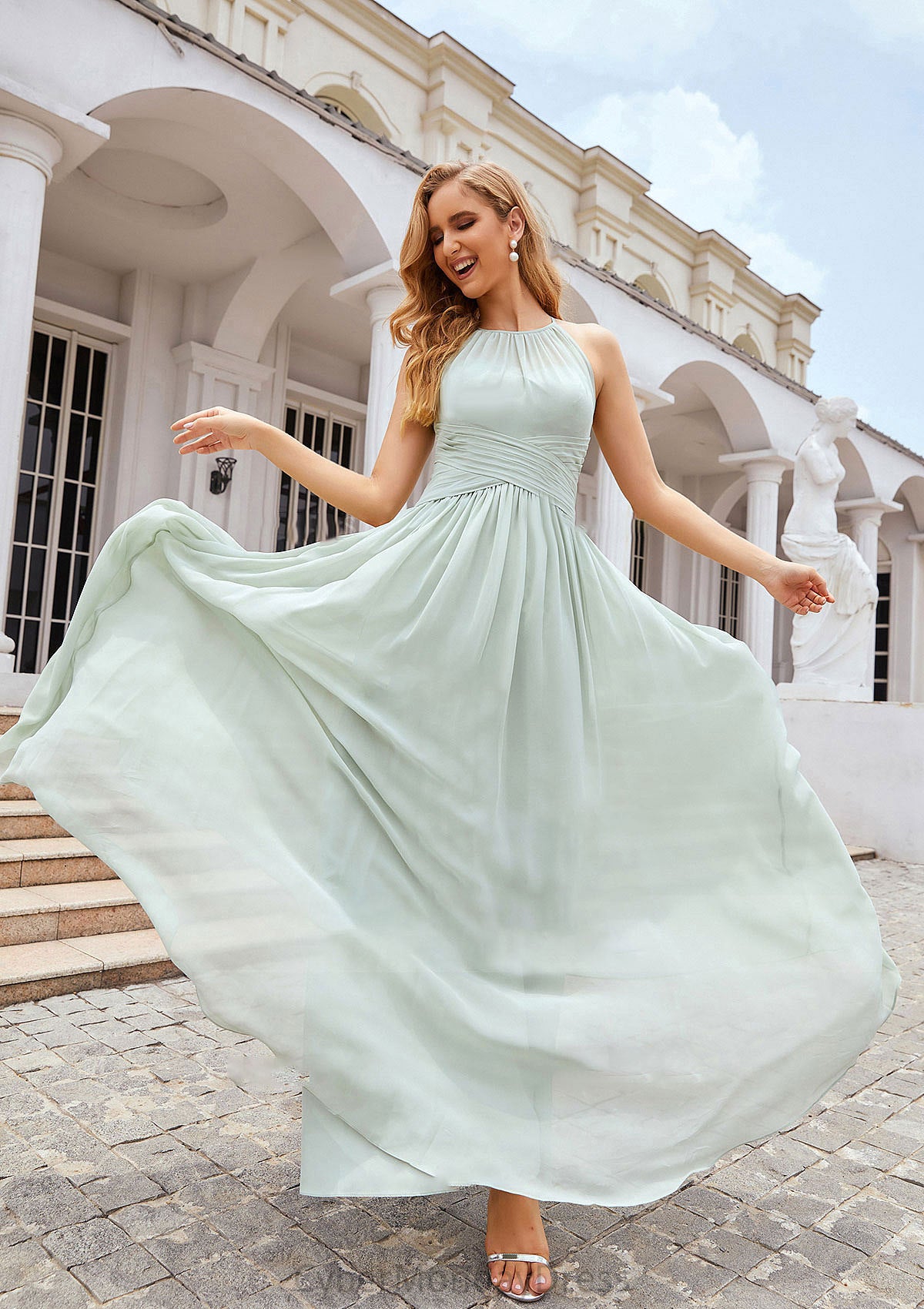 A-line Halter Sleeveless Long/Floor-Length Chiffon Bridesmaid Dresses With Pleated Eva DTP0025325