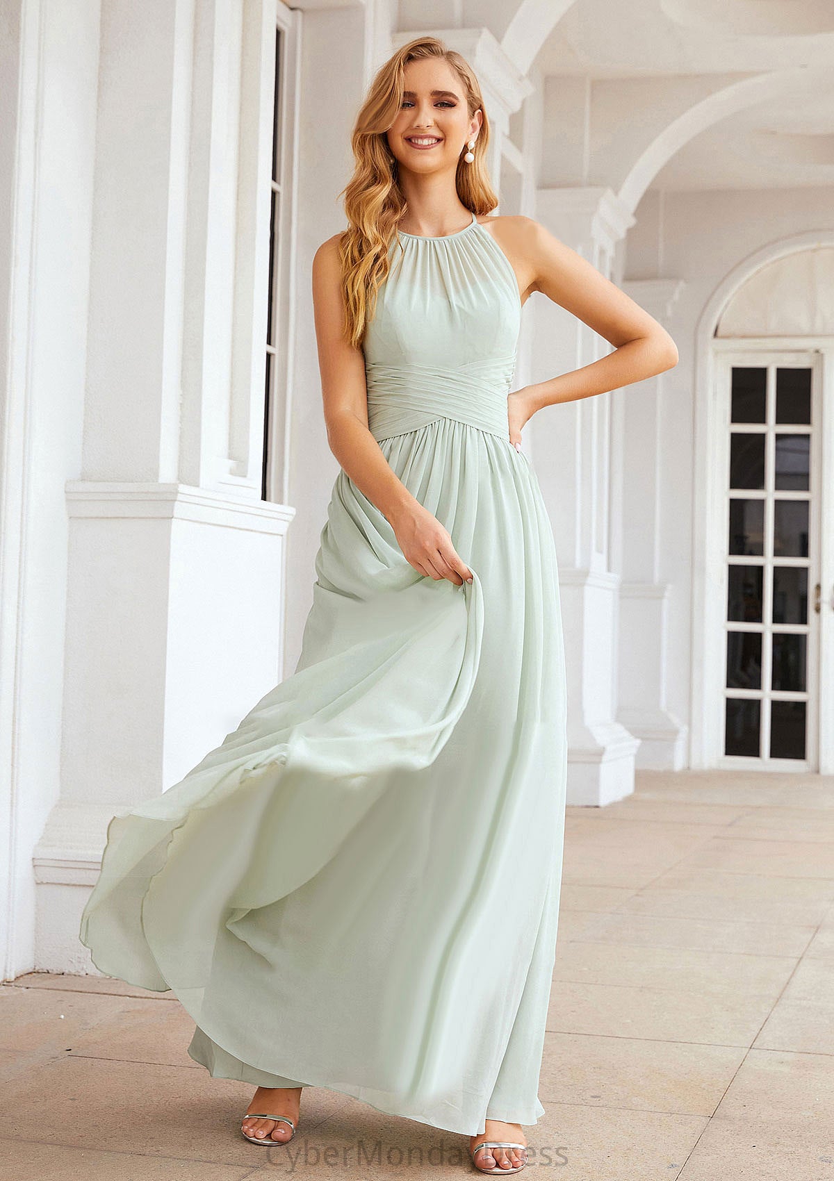 A-line Halter Sleeveless Long/Floor-Length Chiffon Bridesmaid Dresses With Pleated Eva DTP0025325