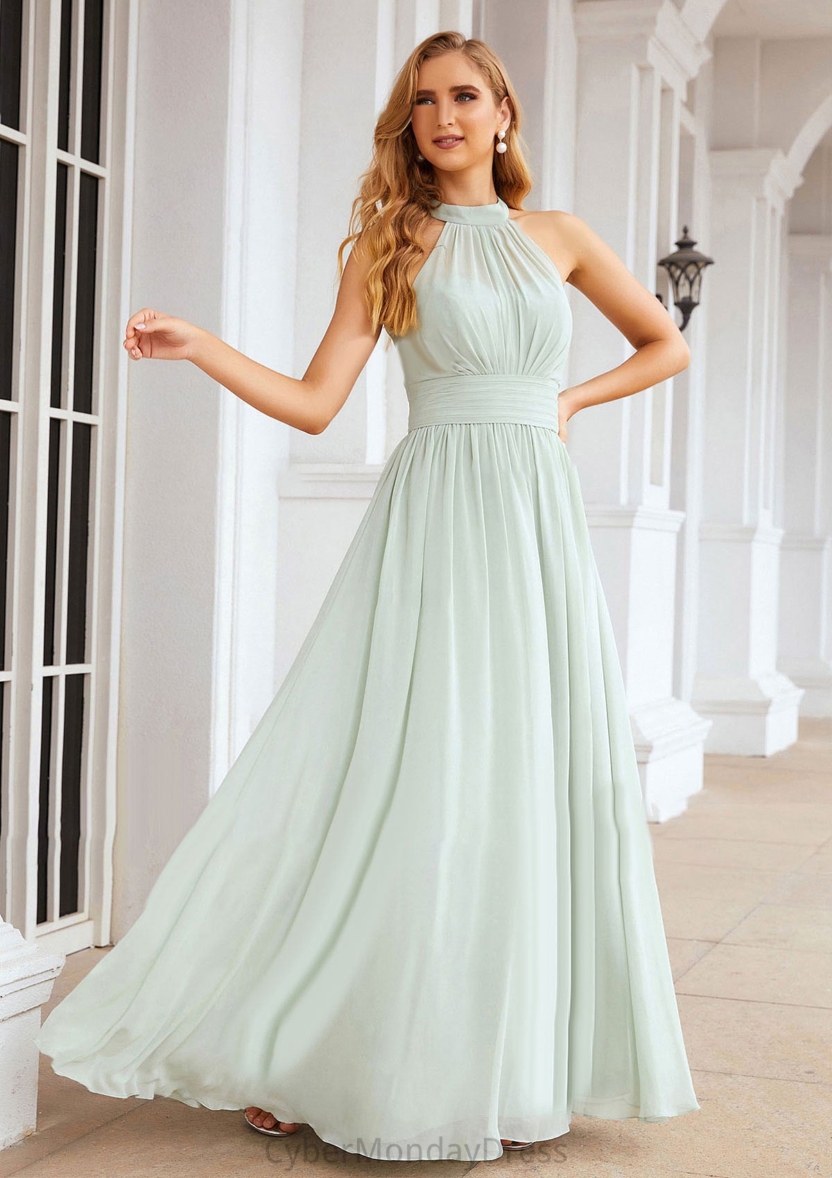 A-line High-Neck Sleeveless Long/Floor-Length Chiffon Bridesmaid Dresses With Pleated Jemima DTP0025326