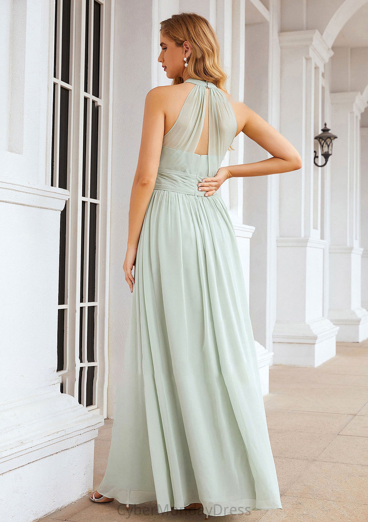 A-line High-Neck Sleeveless Long/Floor-Length Chiffon Bridesmaid Dresses With Pleated Jemima DTP0025326