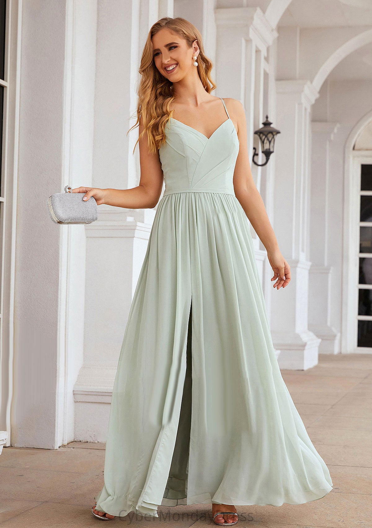 A-line V Neck Sleeveless Long/Floor-Length Chiffon Bridesmaid Dresses With Pleated Split Kylie DTP0025327