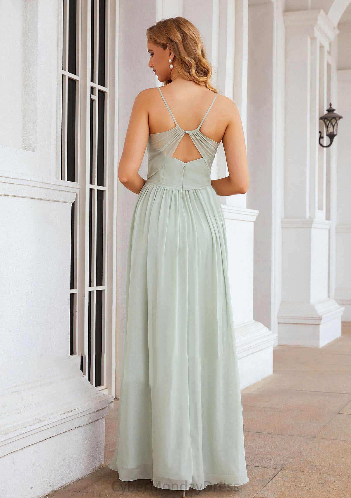 A-line V Neck Sleeveless Long/Floor-Length Chiffon Bridesmaid Dresses With Pleated Split Kylie DTP0025327