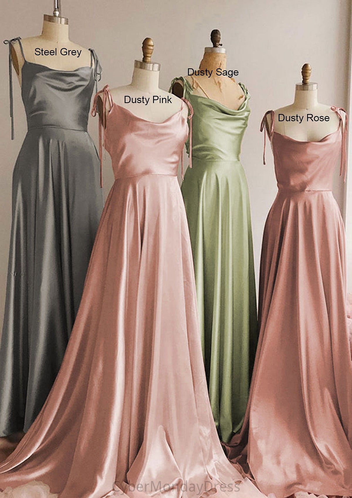 A-line Cowl Neck Spaghetti Straps Long/Floor-Length Charmeuse Bridesmaid Dresses With Split Alondra DTP0025330