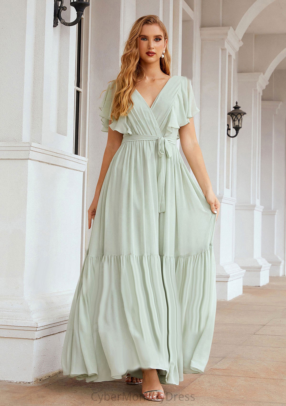 A-line V Neck Short Sleeve Chiffon Long/Floor-Length Bridesmaid Dresses With Pleated Miah DTP0025331