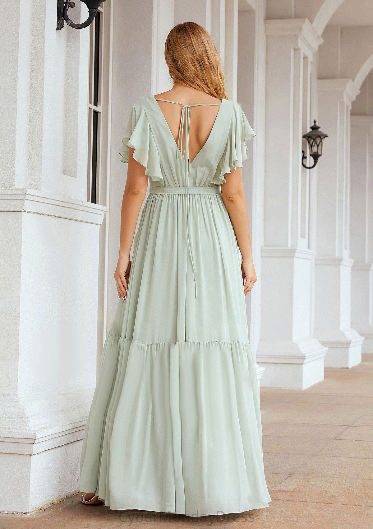 A-line V Neck Short Sleeve Chiffon Long/Floor-Length Bridesmaid Dresses With Pleated Miah DTP0025331