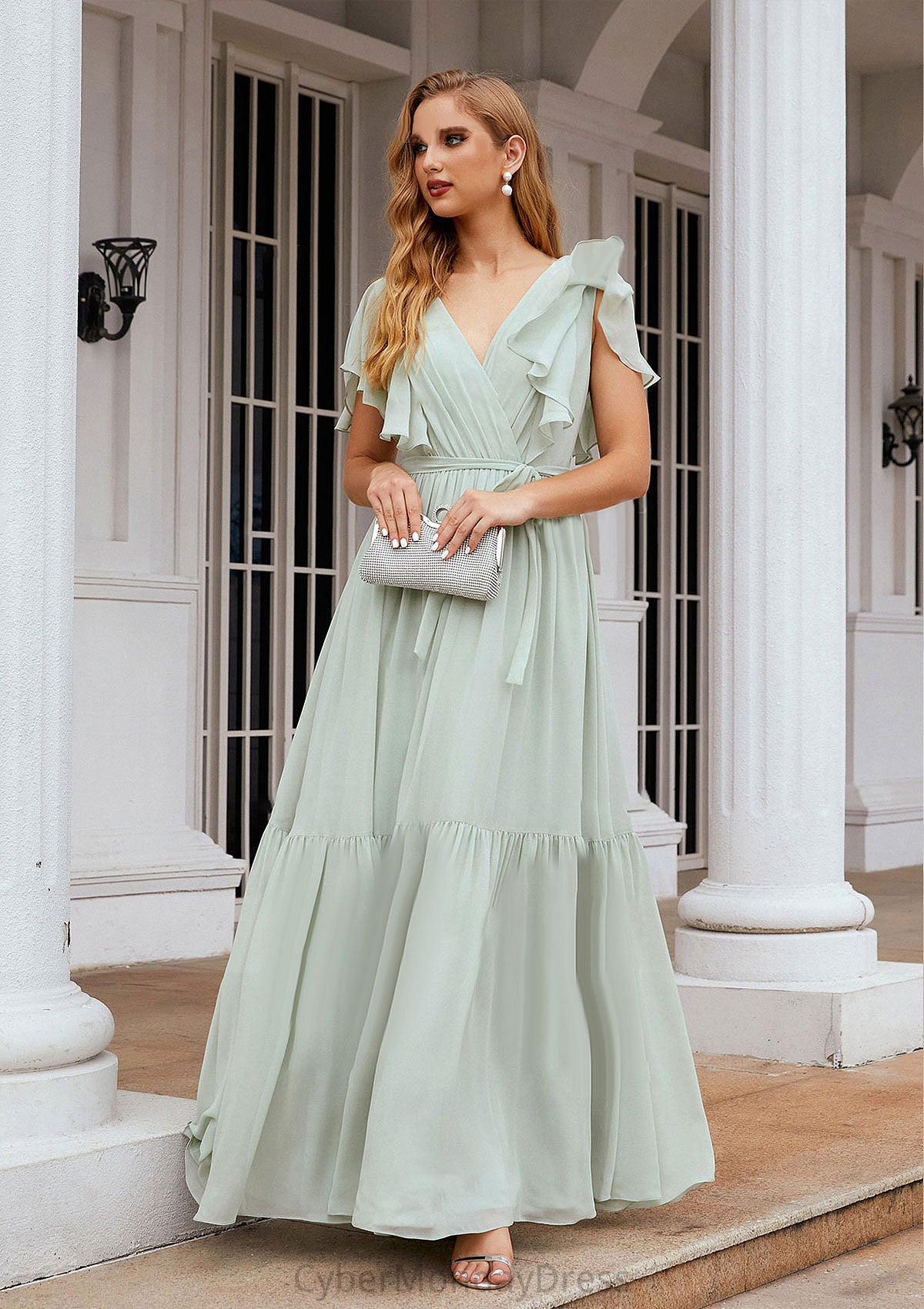 A-line V Neck Short Sleeve Chiffon Long/Floor-Length Bridesmaid Dresses With Pleated Miah DTP0025331