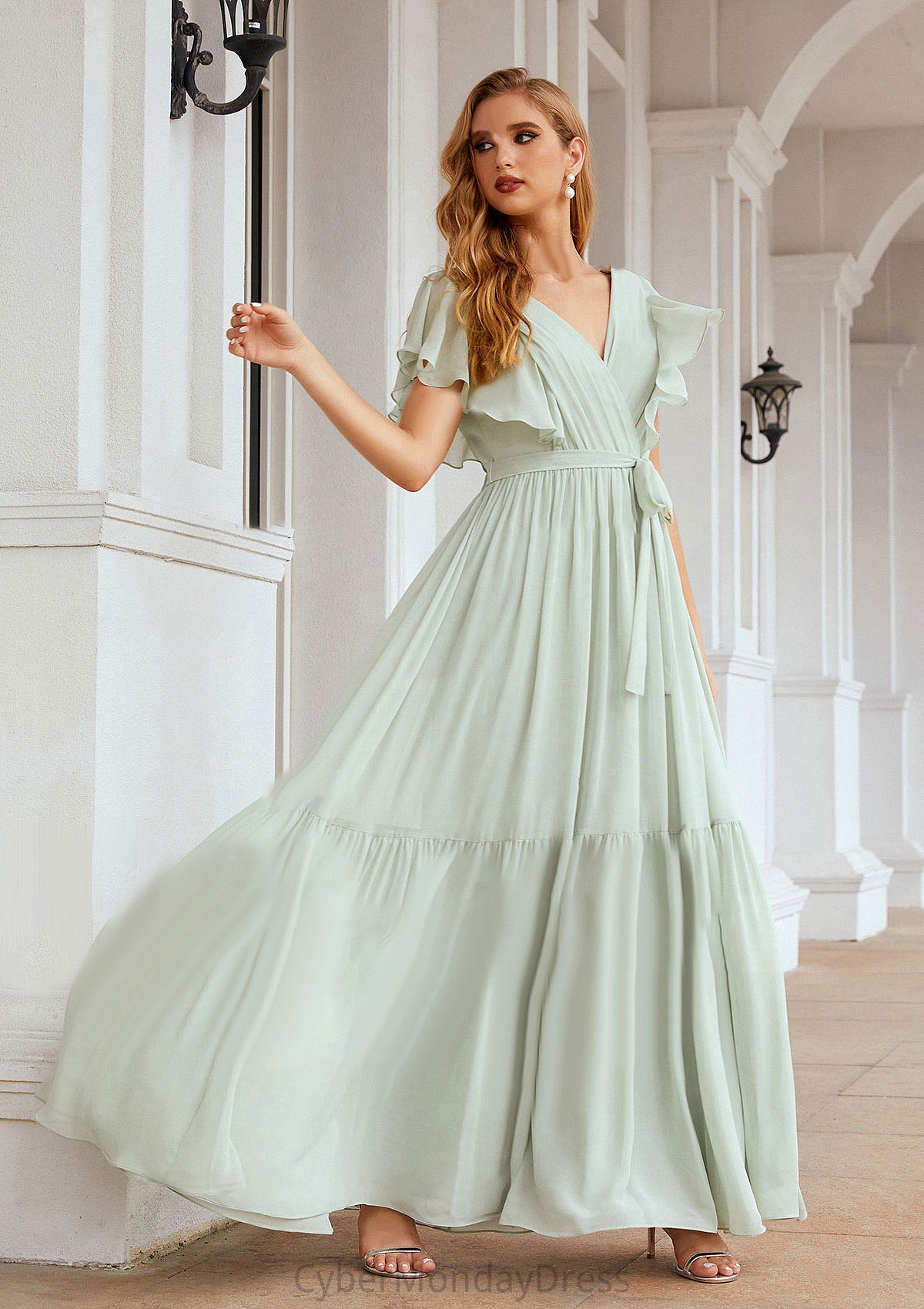 A-line V Neck Short Sleeve Chiffon Long/Floor-Length Bridesmaid Dresses With Pleated Miah DTP0025331