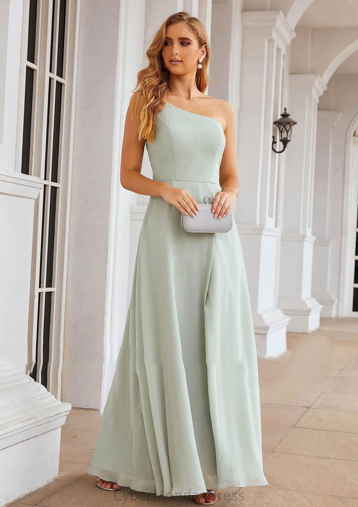 A-line One-Shoulder Sleeveless Long/Floor-Length Chiffon Bridesmaid Dresses With Split Janiya DTP0025333