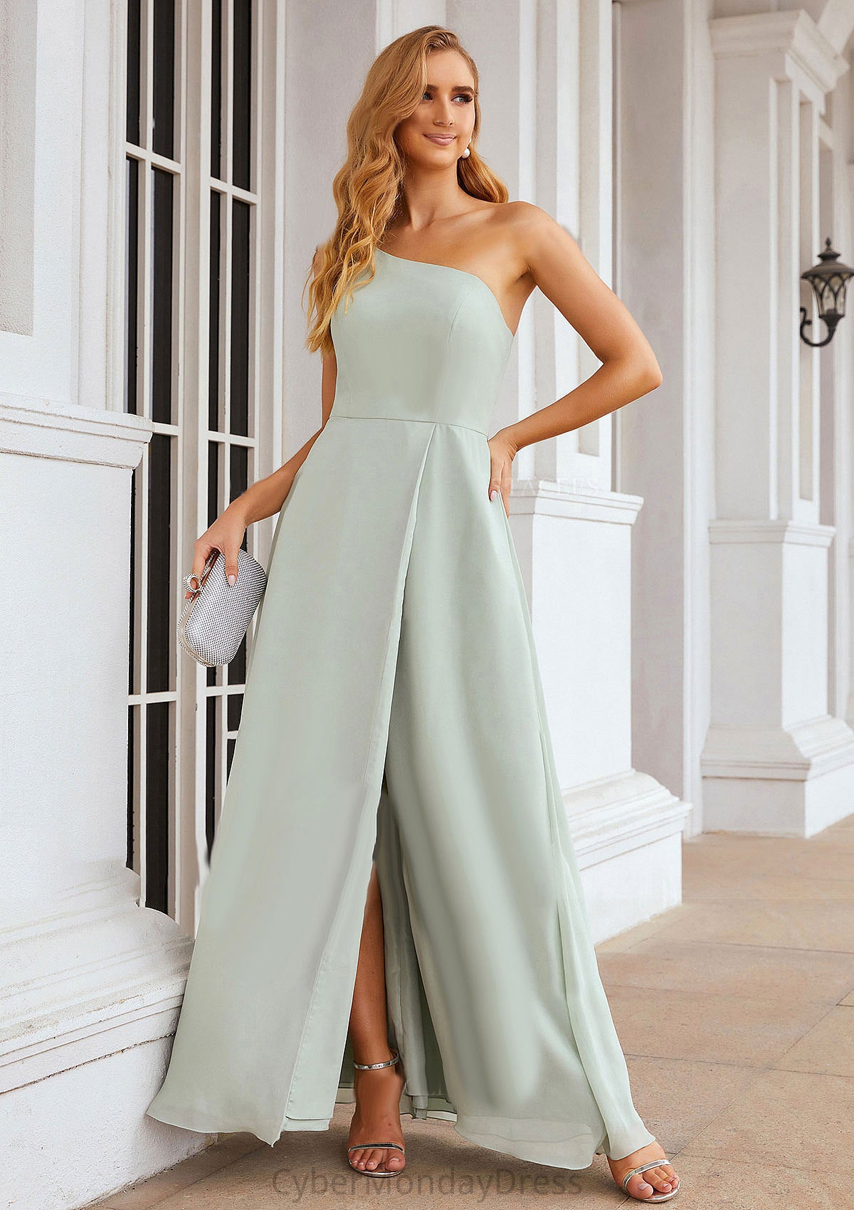 A-line One-Shoulder Sleeveless Long/Floor-Length Chiffon Bridesmaid Dresses With Split Janiya DTP0025333