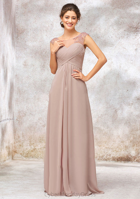 Illusion Neck Long/Floor-Length Chiffon A-line/Princess Bridesmaid Dresses  With Sequins Pleated Beading Leticia DTP0025334