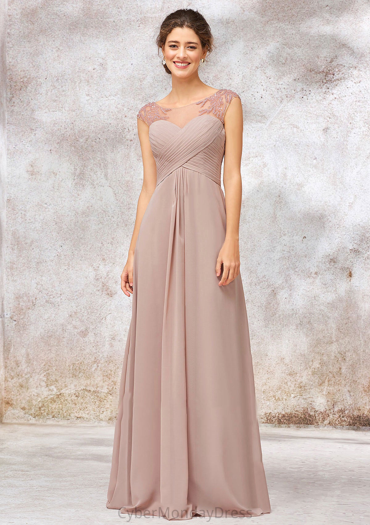 Illusion Neck Long/Floor-Length Chiffon A-line/Princess Bridesmaid Dresses  With Sequins Pleated Beading Leticia DTP0025334