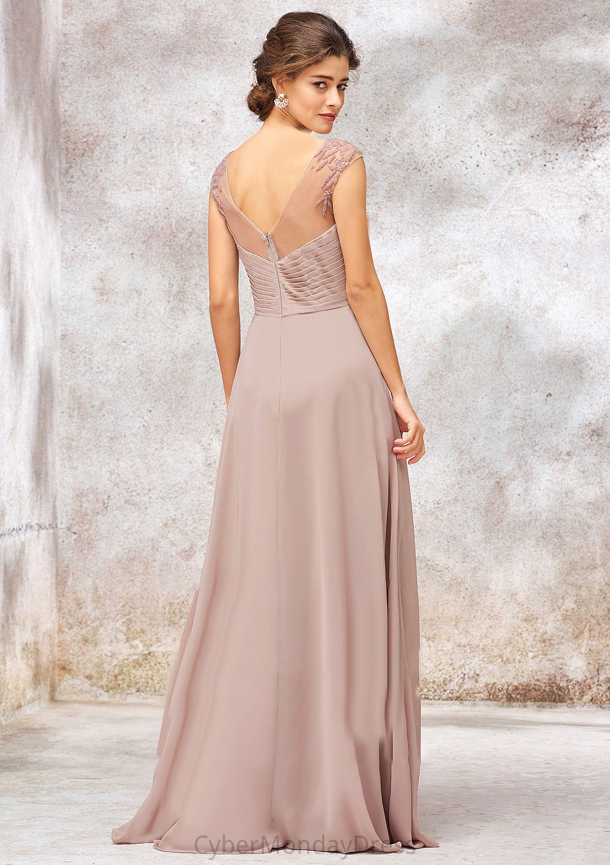 Illusion Neck Long/Floor-Length Chiffon A-line/Princess Bridesmaid Dresses  With Sequins Pleated Beading Leticia DTP0025334