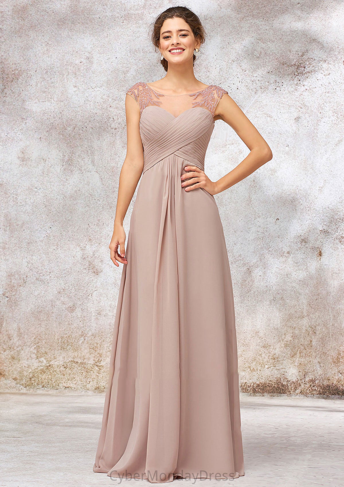 Illusion Neck Long/Floor-Length Chiffon A-line/Princess Bridesmaid Dresses  With Sequins Pleated Beading Leticia DTP0025334