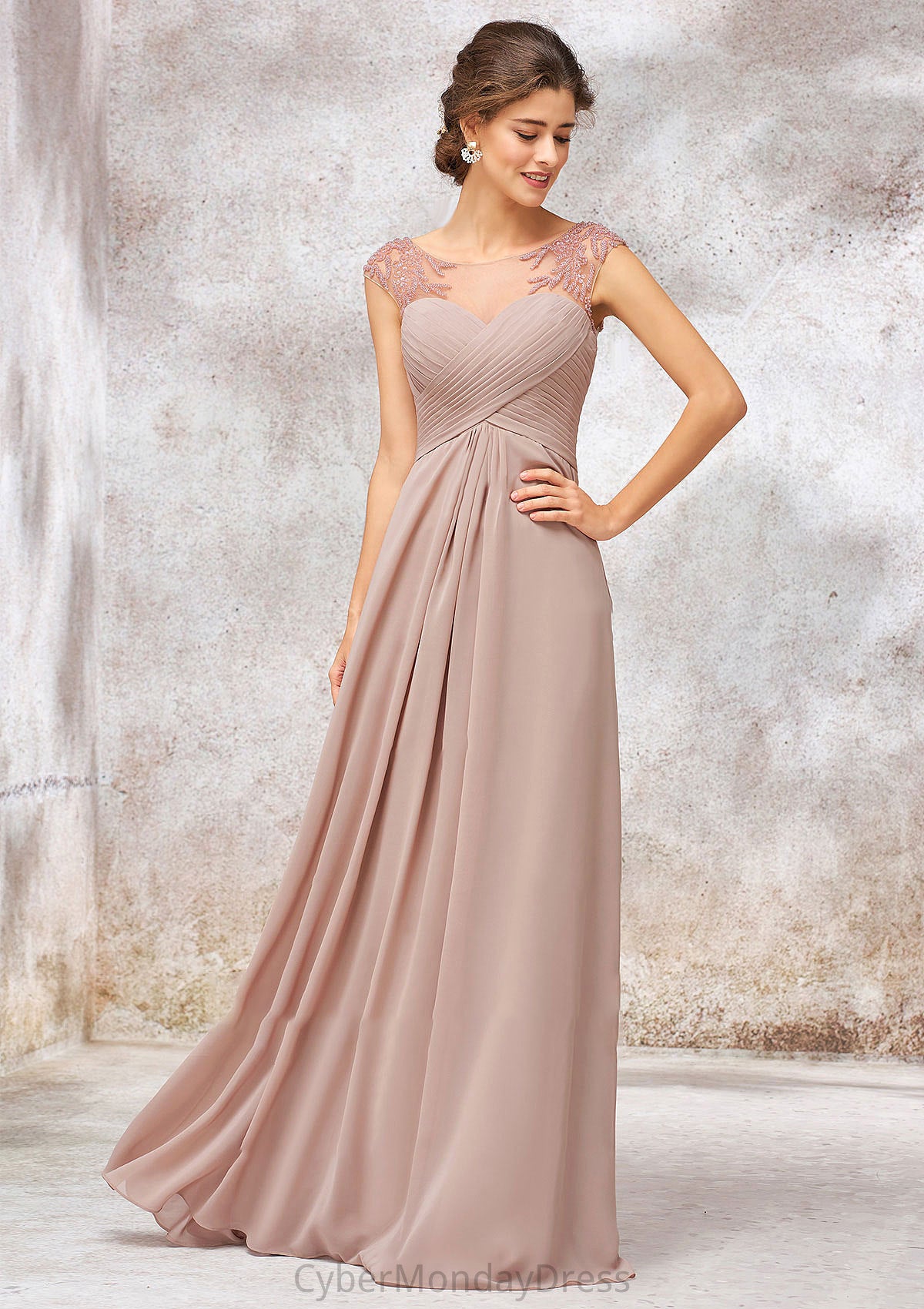 Illusion Neck Long/Floor-Length Chiffon A-line/Princess Bridesmaid Dresses  With Sequins Pleated Beading Leticia DTP0025334